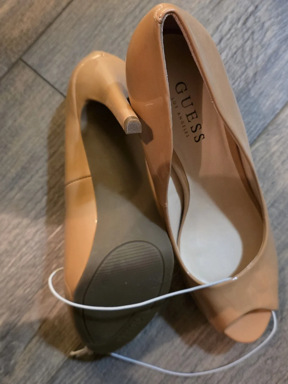 GUESS Peep-Toe Patent Heels in Nude Tan